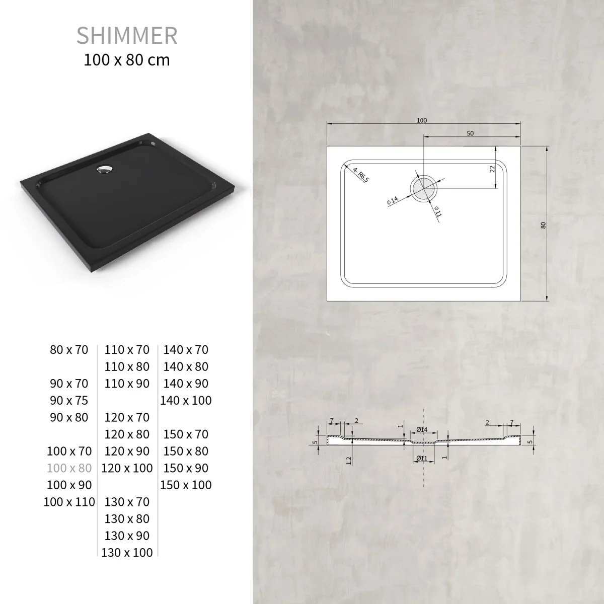 SHIMMER - Base de duche preta smooth acrílica, textura lisa, extraplana 5cm, sifão e válvula incluídos - Image 6