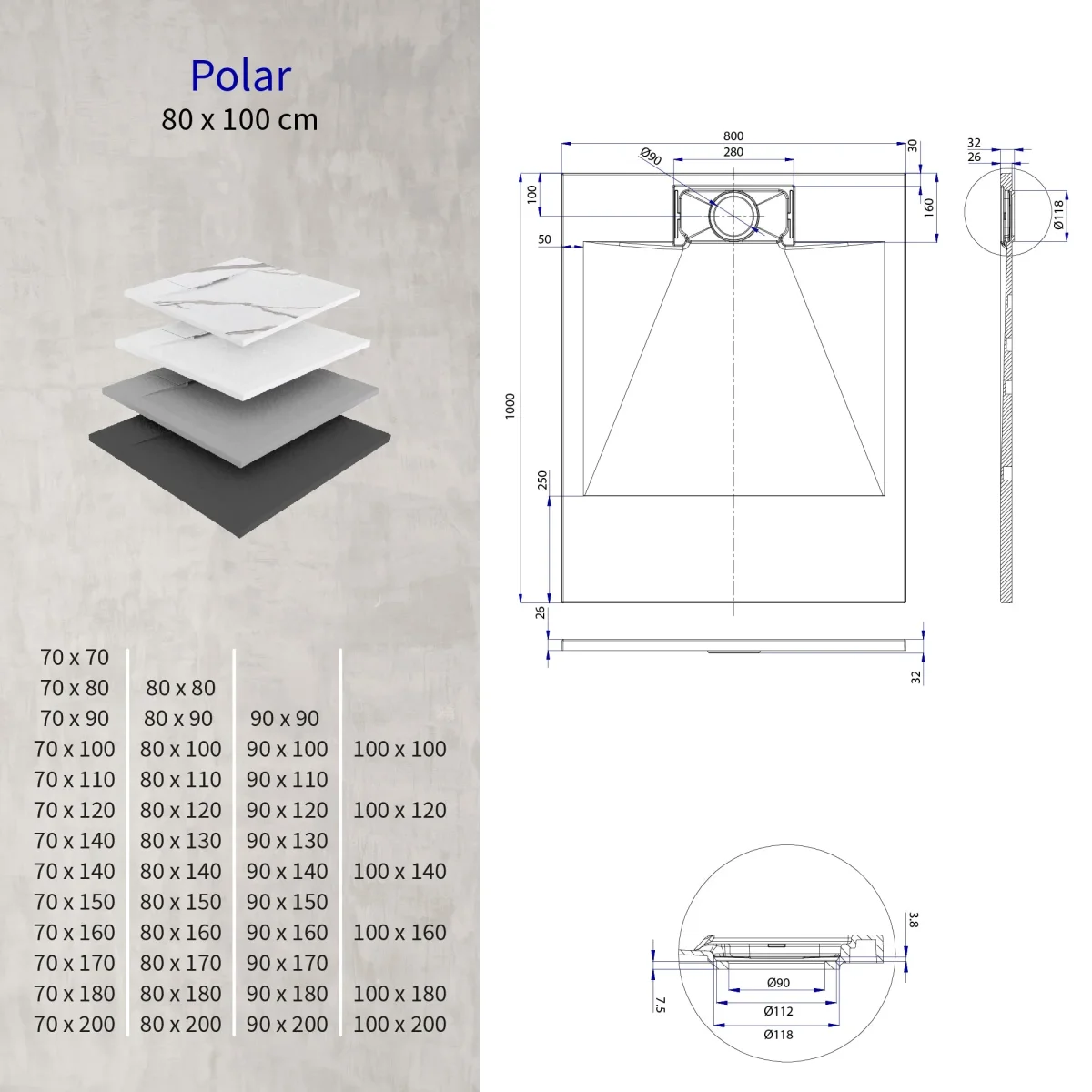 POLAR - Base de duche carrara antiderrapante, resistente, duradoura e fácil de limpar - Inc. sifão - Image 7