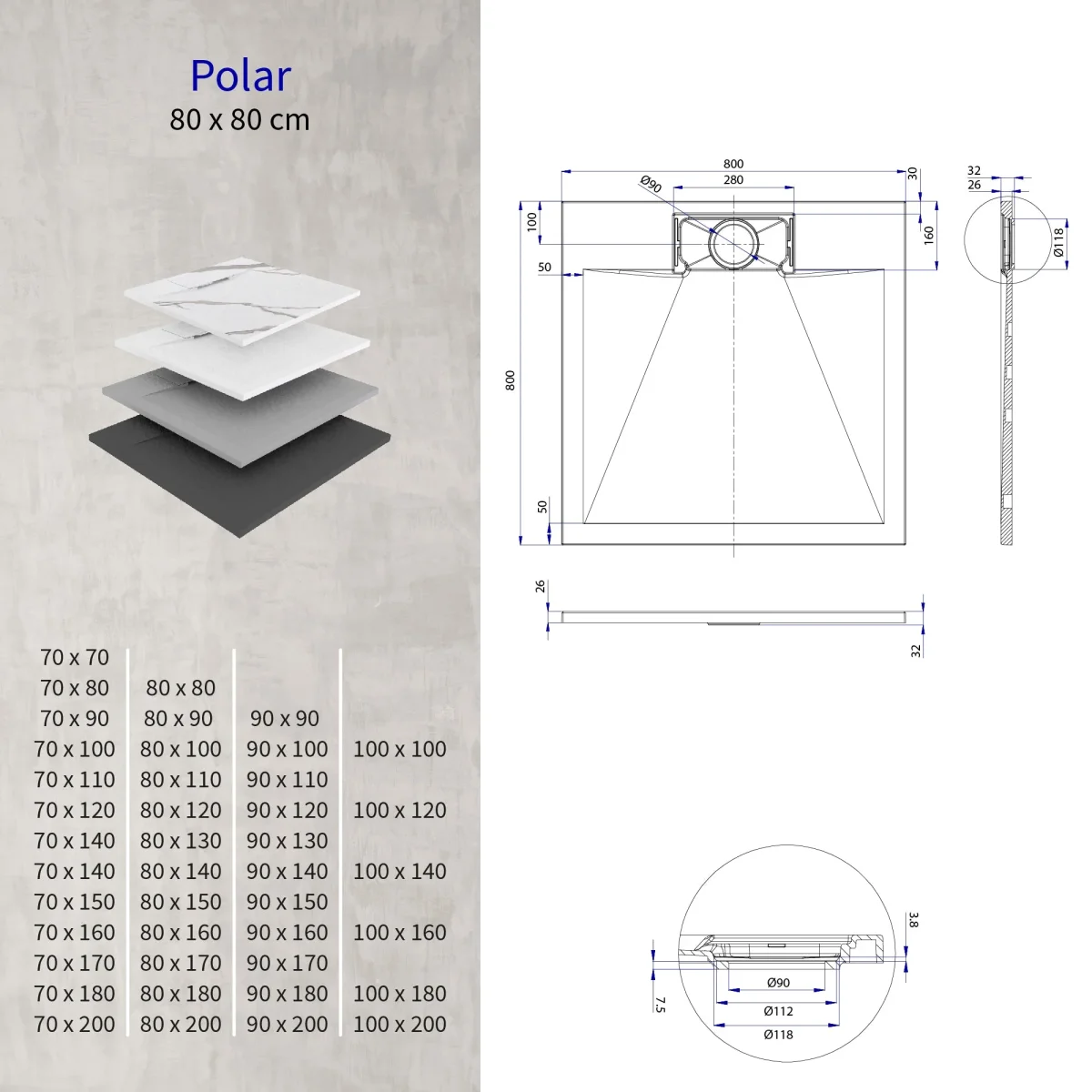 POLAR - Base de duche carrara antiderrapante, resistente, duradoura e fácil de limpar - Inc. sifão - Image 6