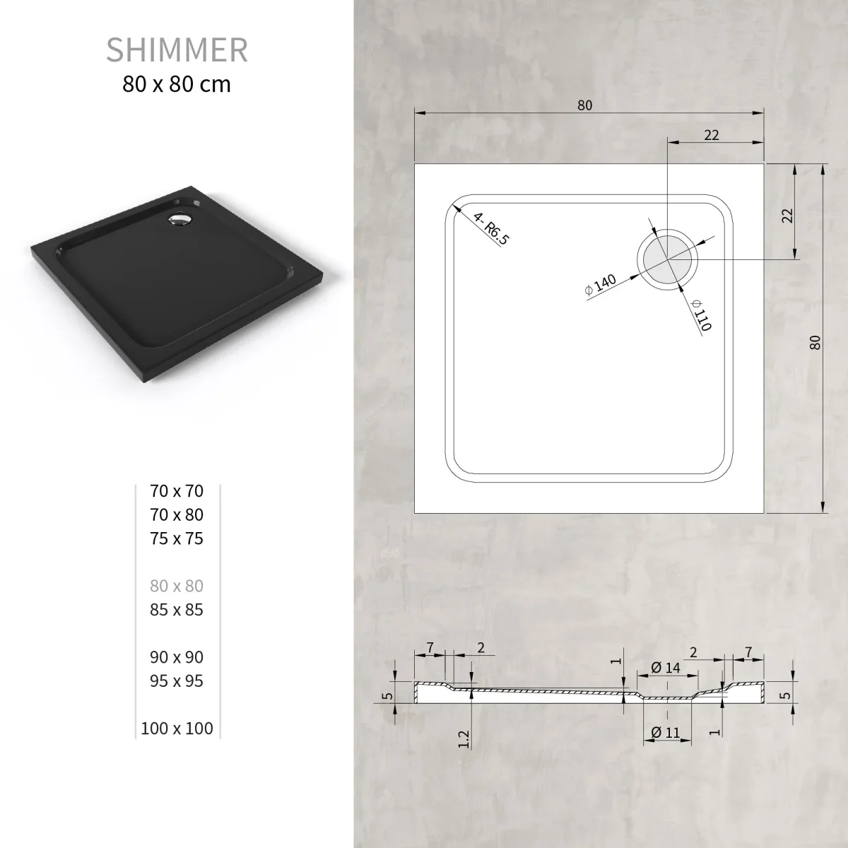 SHIMMER - Base de duche preta smooth acrílica, textura lisa, extraplana 5cm, sifão e válvula incluídos - Image 8