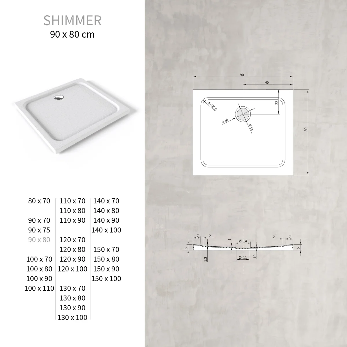 SHIMMER - Base de duche branca stone acrílica, textura pedra, extraplana 5cm, sifão e válvula incluído - Image 6