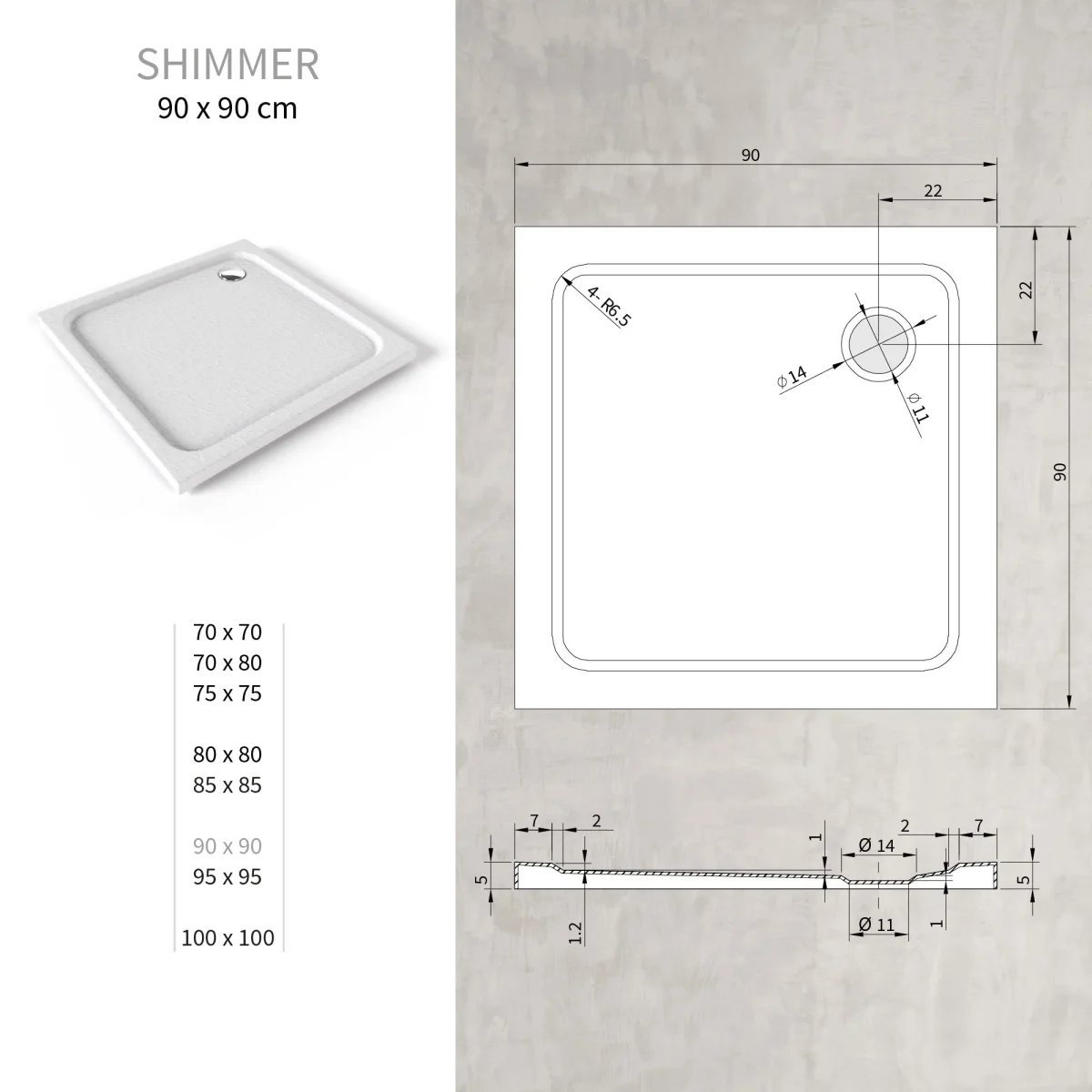 SHIMMER - Base de duche branca stone acrílica, textura pedra, extraplana 5cm, sifão e válvula incluído - Image 9