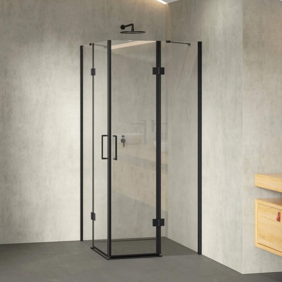 CELINE - Cabine de duche de canto com portas articuladas em vidro temperado e perfis pretos - Image 2