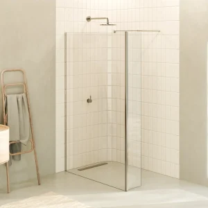 FIONA - Painel de duche walk-In com painel lateral giratório 40 cm em vidro transparente 10mm com perfil e barra estabilizadora cromado