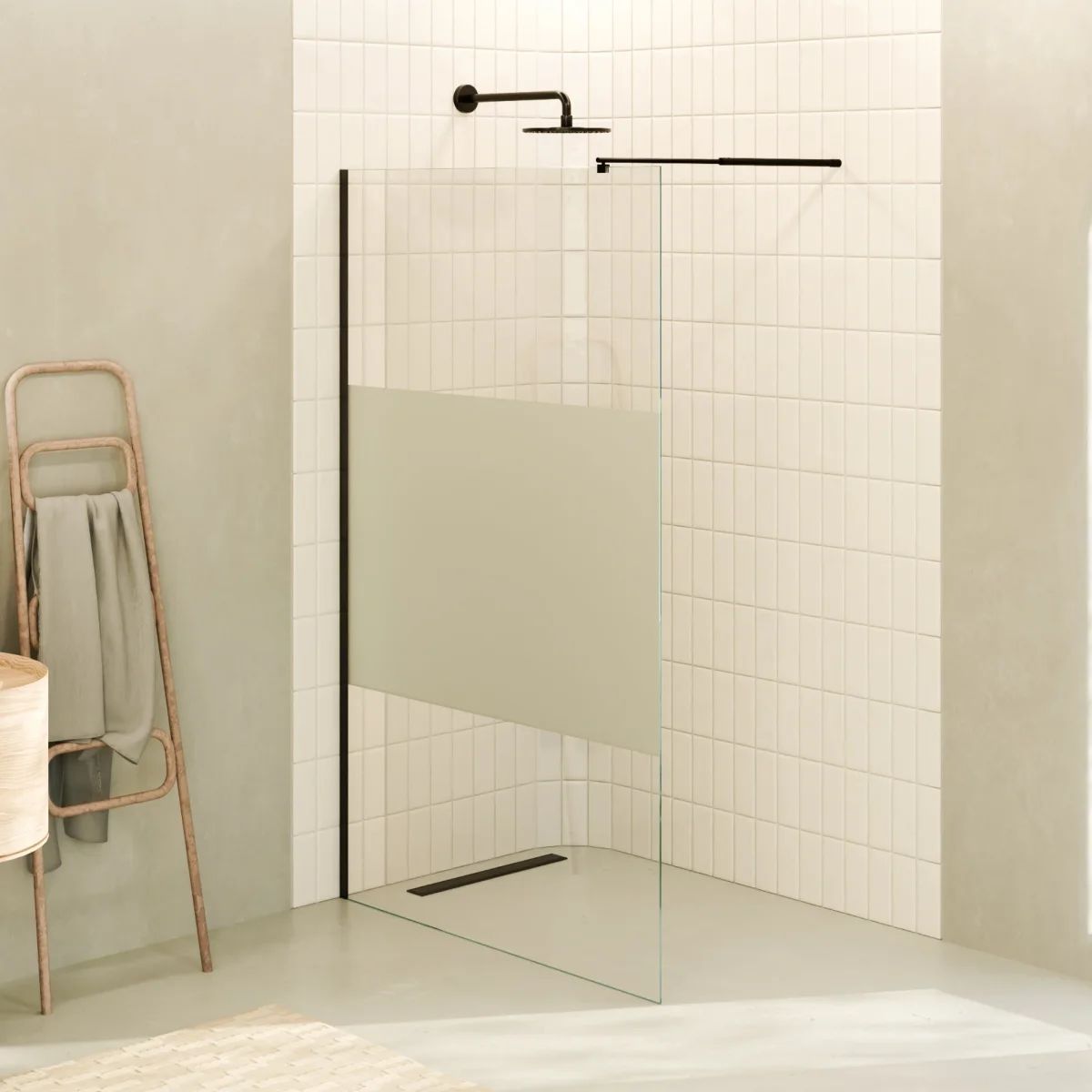 FIONA - Painel de duche walk-in em vidro meio fosco 10mm com perfil e barra estabilizadora preto