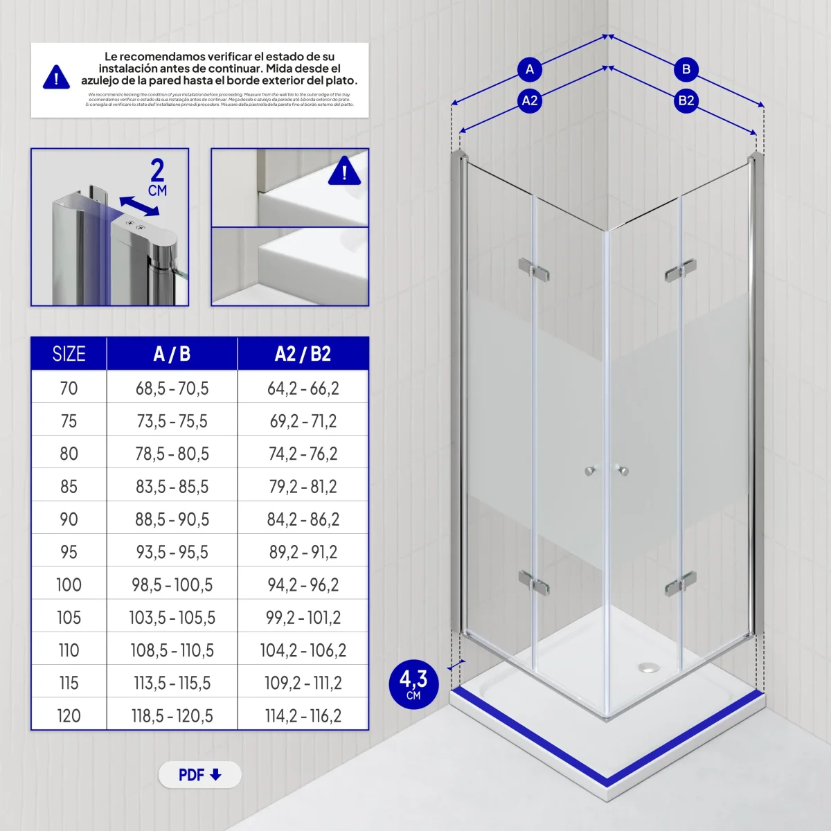 EMMA - Cabine de duche com vidro meio fosco 6mm - Portas articuladas e perfis em Inox - Image 7