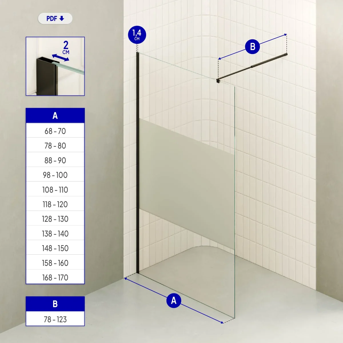 FIONA - Painel de duche walk-in em vidro meio fosco 10mm com perfil e barra estabilizadora preto - Image 6