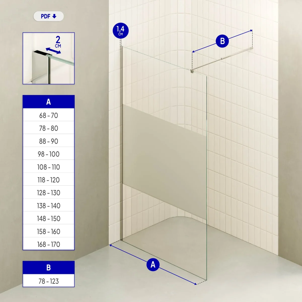 FIONA - Painel de duche walk-In em vidro meio fosco 10mm com perfil e barra estabilizadora cromado - Image 6