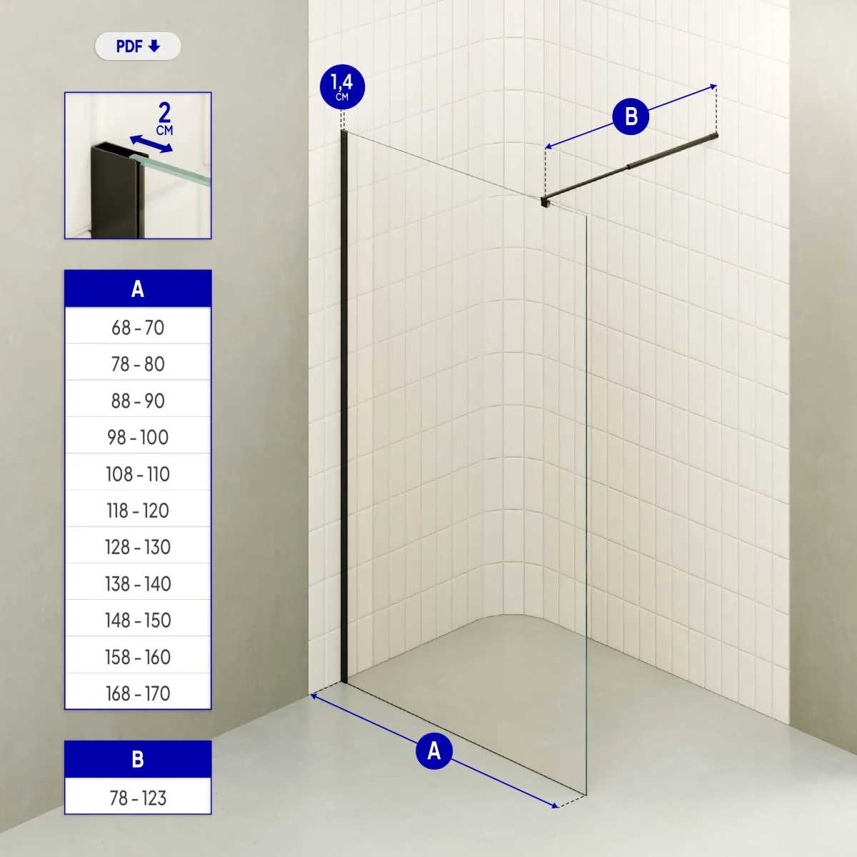 FIONA - Painel de duche walk-in em vidro transparente 10mm com perfil e barra estabilizadora preto - Image 6