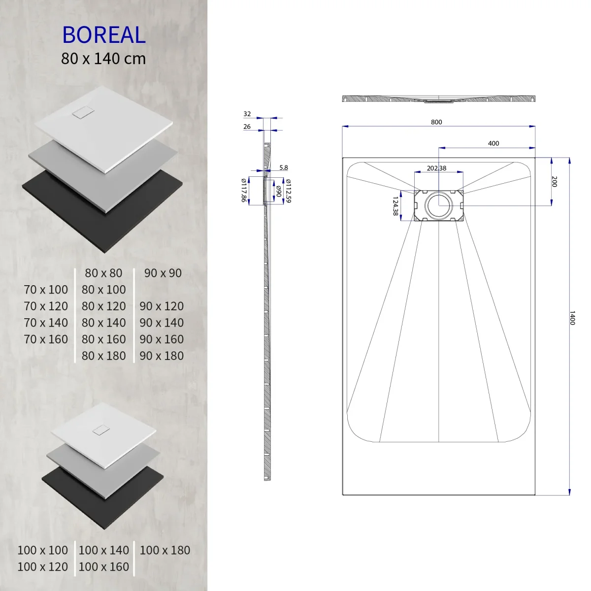 BOREAL - Base de duche cinzenta antiderrapante, resistente, duradoura e fácil de limpar - Inc. sifão - Image 9